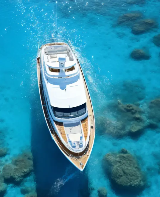 Luxury yacht with tinted marine glazing on clear blue water